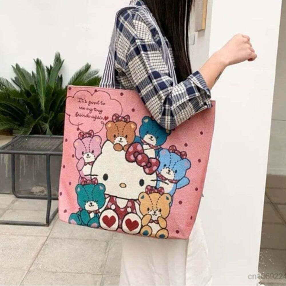 Hello Kitty & Teddy Bears Large Zip Canvas Tote Bag